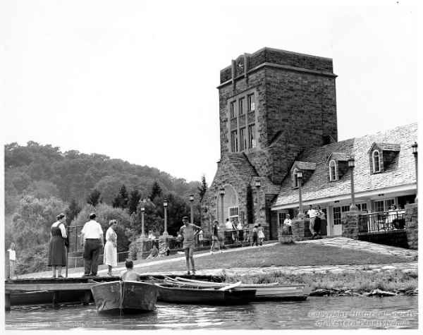 Historic black and white photo of the boathouse