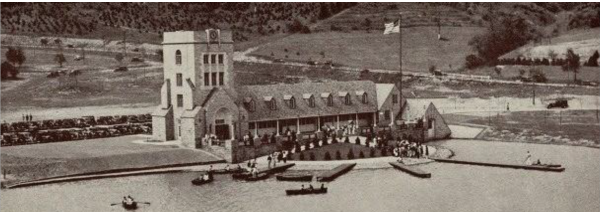 Historic black and white photo of the boathouse