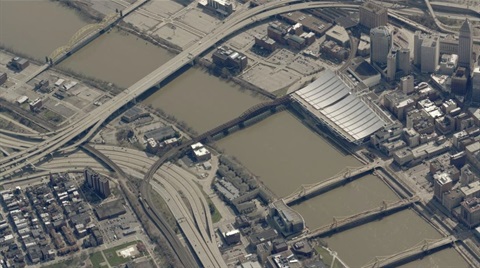 Helicopter view of the bridges near Downtown Pittsburgh