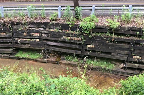View of a deteriorated retaining wall along the 400 block of Baileys Run Road in East Deer
