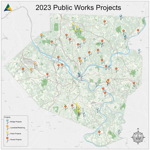 Map of Allegheny County Public Works construction projects in 2023