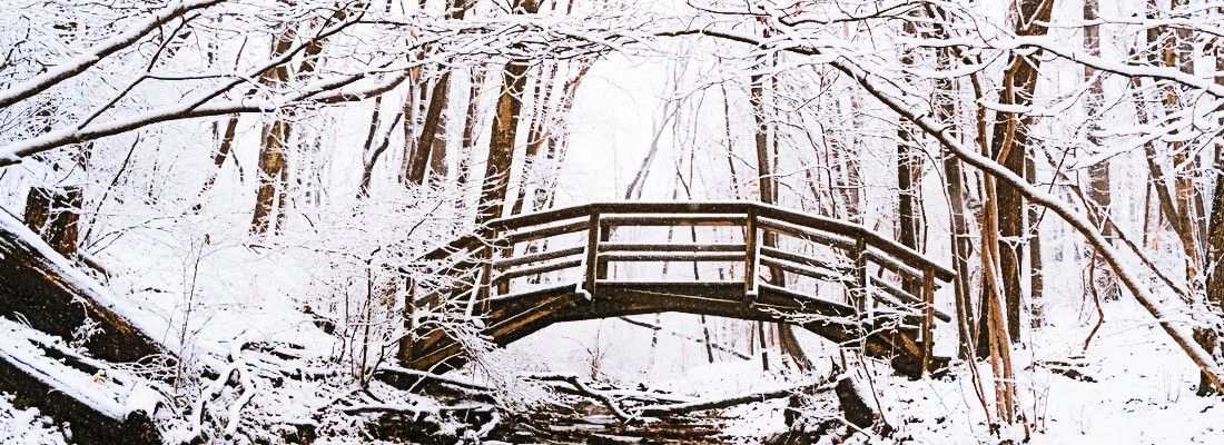 Bridge over a snowy creek bed in Harrison Hills