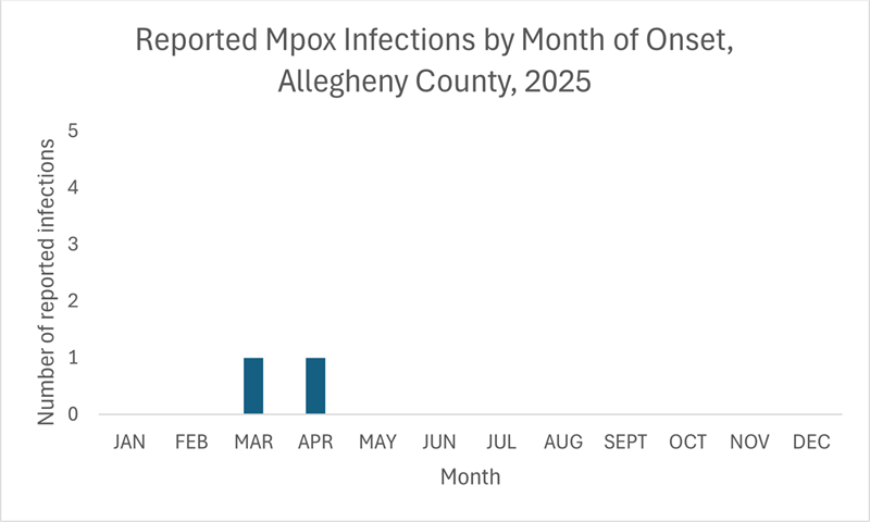 MPox infections by month in 2024 in Allegheny County: Jan-Mar = 0 cases; Apr = 10 cases; May = 3 cases; Jun = 1 case; July = 2 cases; Aug = 1 case